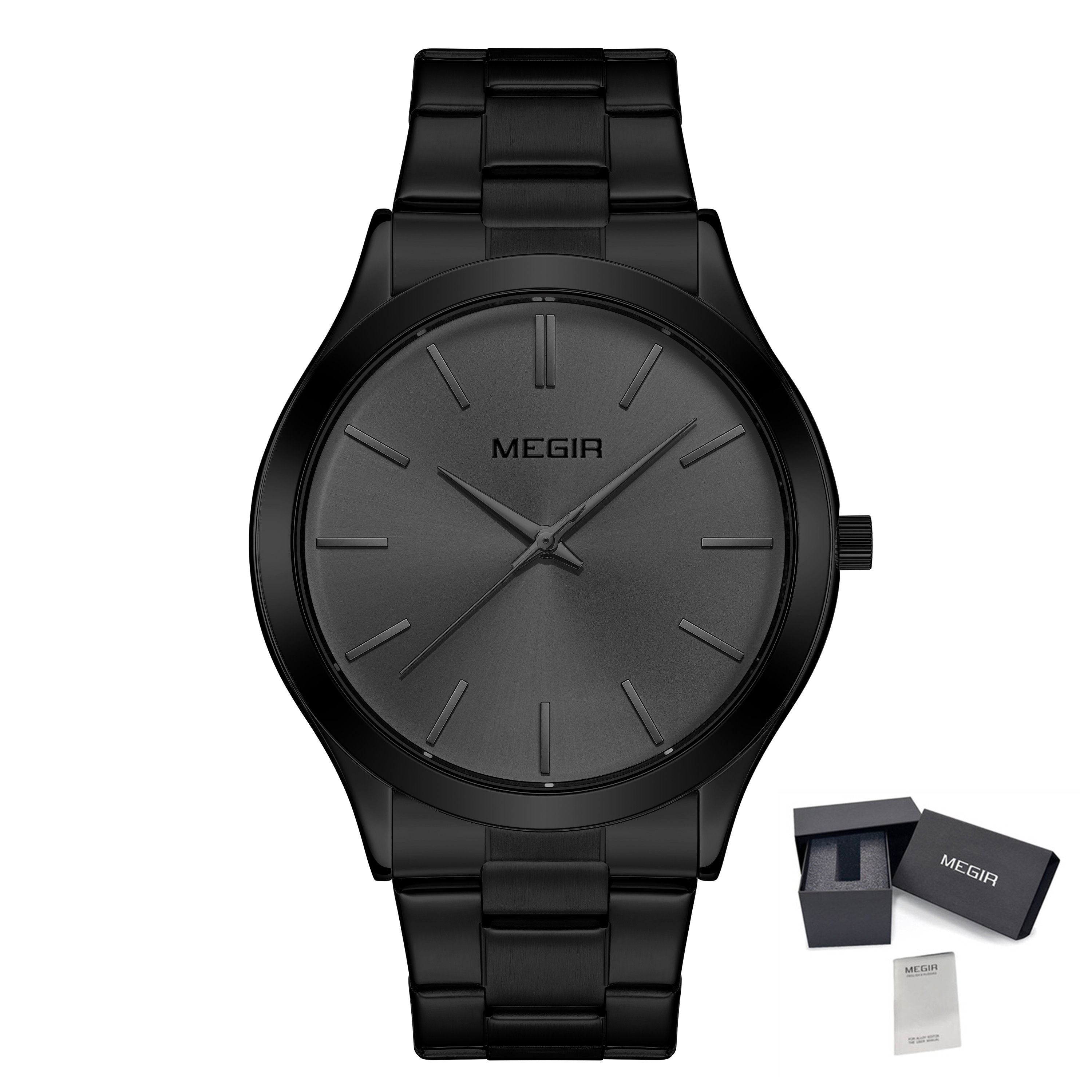 MEGIR Luxury Design Quartz Watch for Men Waterproof Business Full Black Stainless Steel Strap Wrist Watches Reloj Hombre 1096