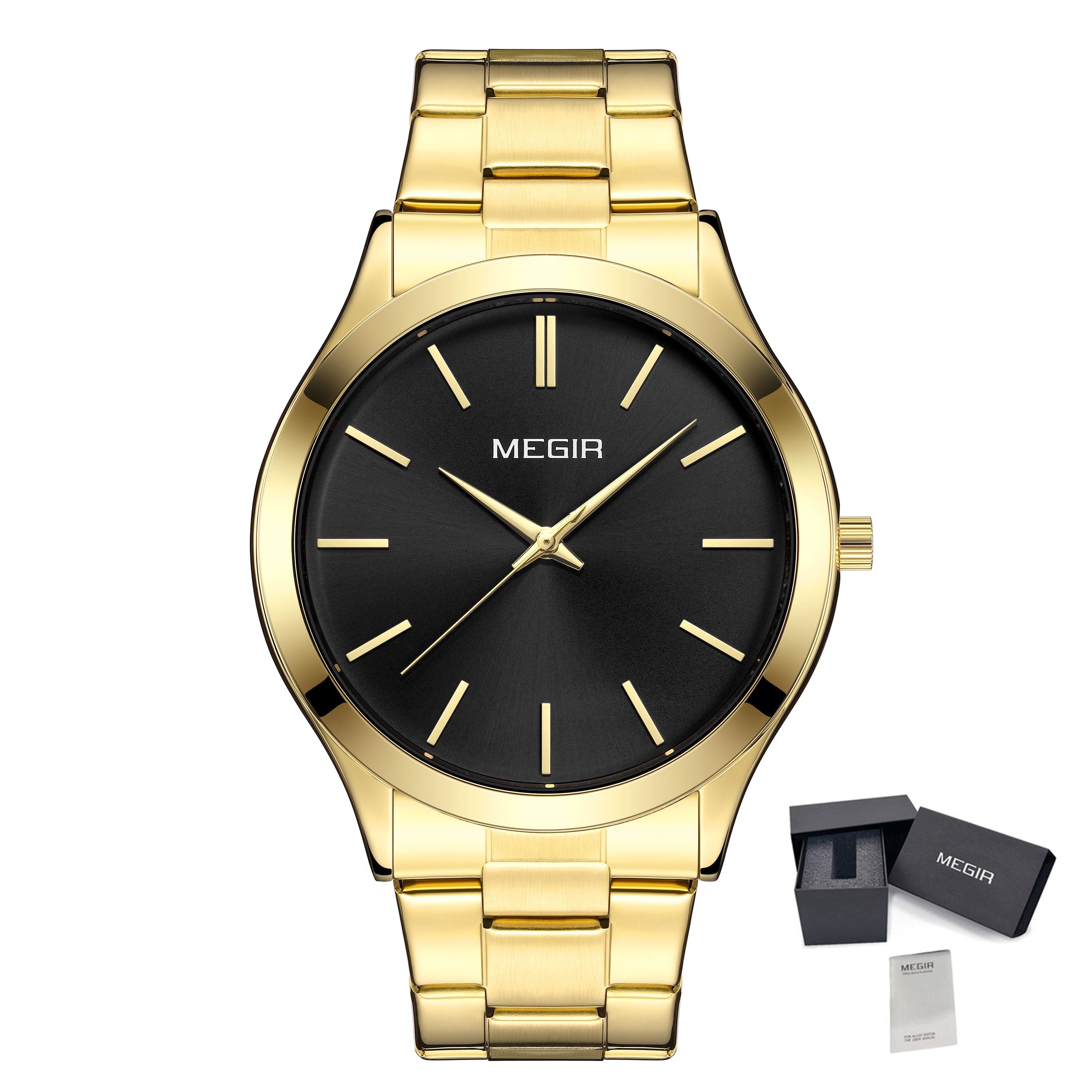 MEGIR Luxury Design Quartz Watch for Men Waterproof Business Full Black Stainless Steel Strap Wrist Watches Reloj Hombre 1096