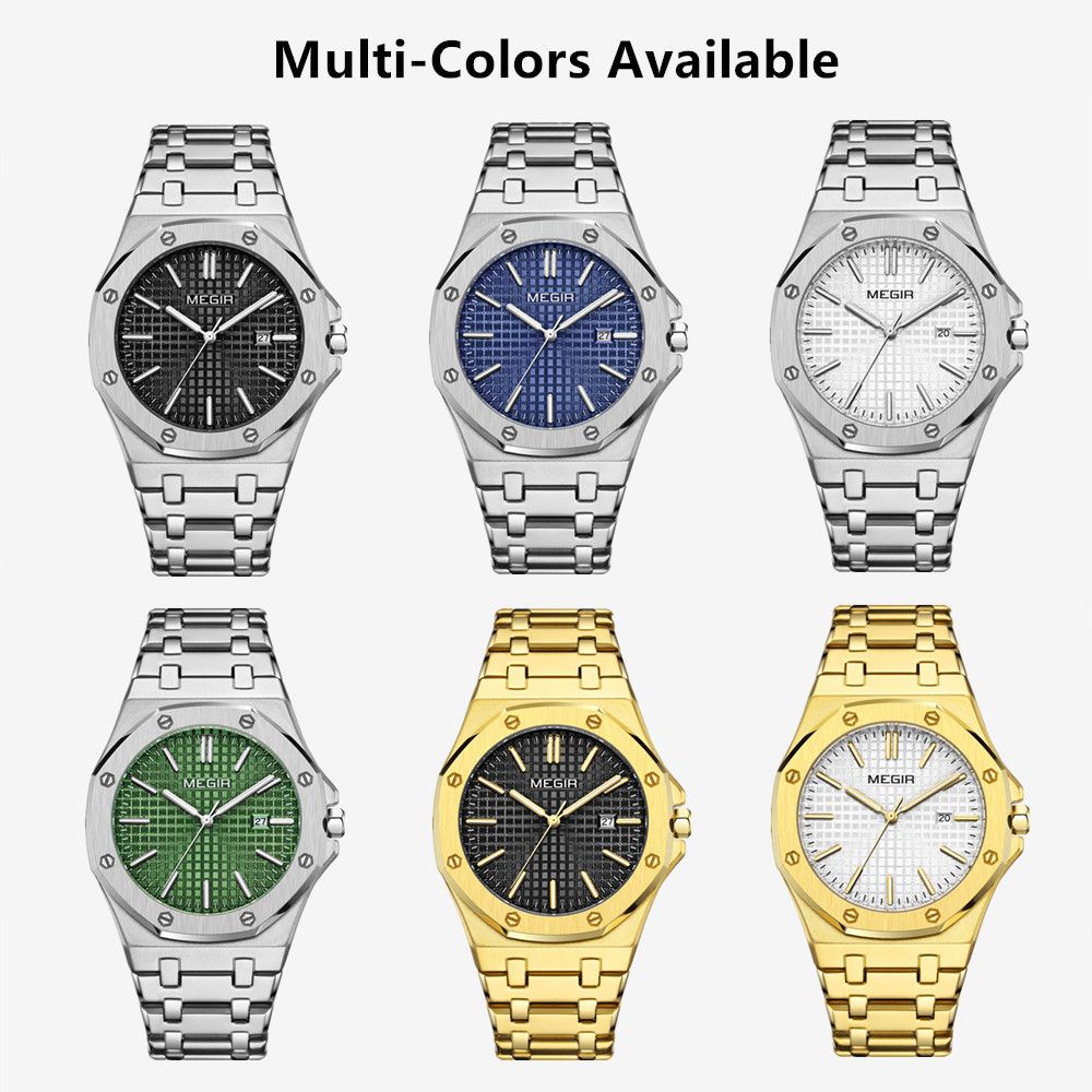 MEGIR Stainless Steel Bracelet Watch for Men Luxury Business Calendar Watches Waterproof Quartz Wristwatch Men Gift Clock 1085