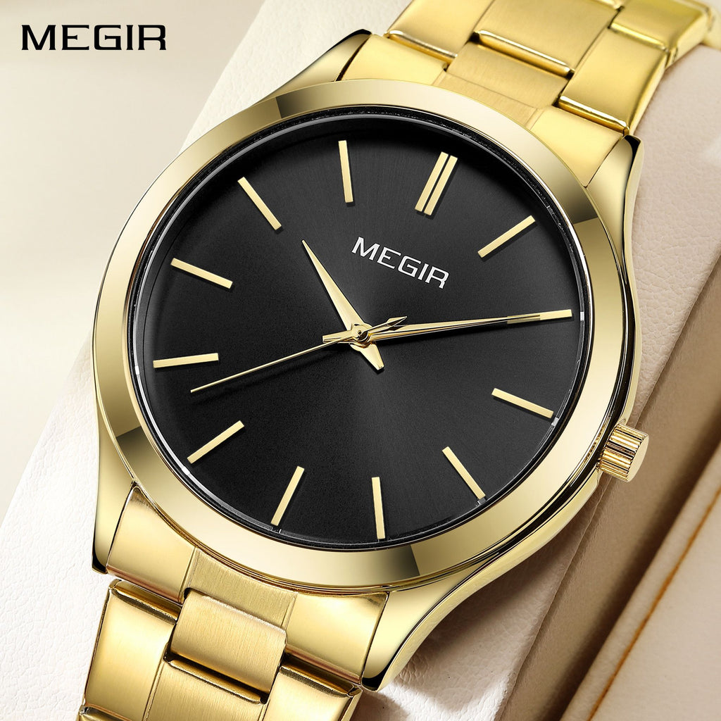 MEGIR Luxury Design Quartz Watch for Men Waterproof Business Full Black Stainless Steel Strap Wrist Watches Reloj Hombre 1096