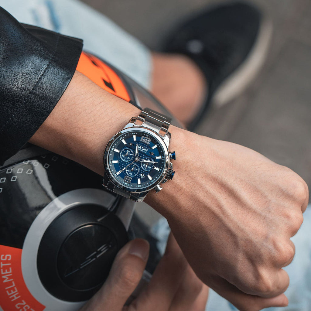 MEGIR Men's Quartz Wrist Watch Stainless Steel Band Chronograph Watches Luminous Waterproof Wristwatch Man Clock Military Watch