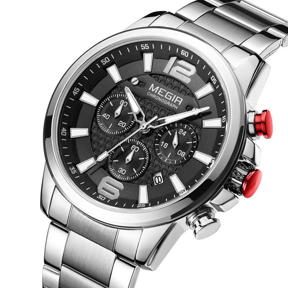 MEGIR Men's Quartz Wrist Watch Stainless Steel Band Chronograph Watches Luminous Waterproof Wristwatch Man Clock Military Watch