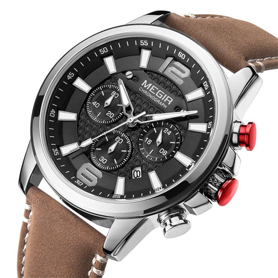 MEGIR Men's Quartz Wrist Watch Stainless Steel Band Chronograph Watches Luminous Waterproof Wristwatch Man Clock Military Watch