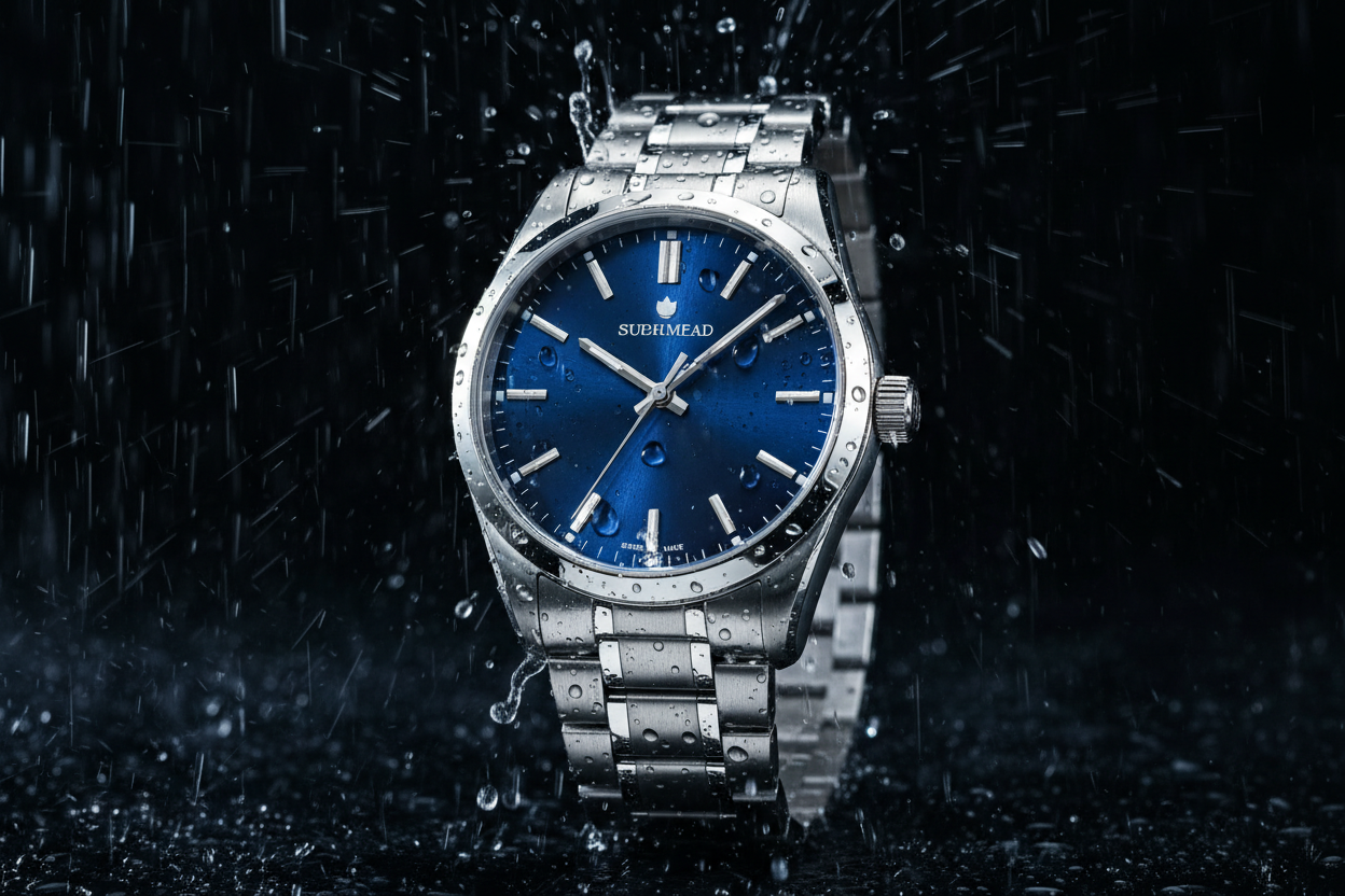A STUNNING SILVER watch with blue dial in rain with black backgroung 