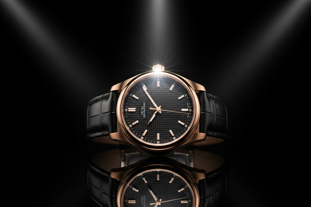 a stunning watch in black background with focused lights